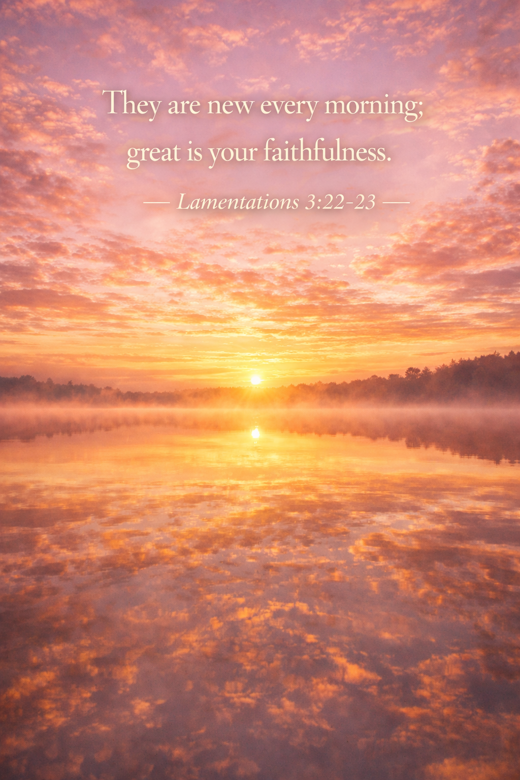 Sunrise reflecting perfectly on still calm lake pink gold hues sky mirrored in water mist rising -- Lamentations 3:22-23 vertical wallpaper